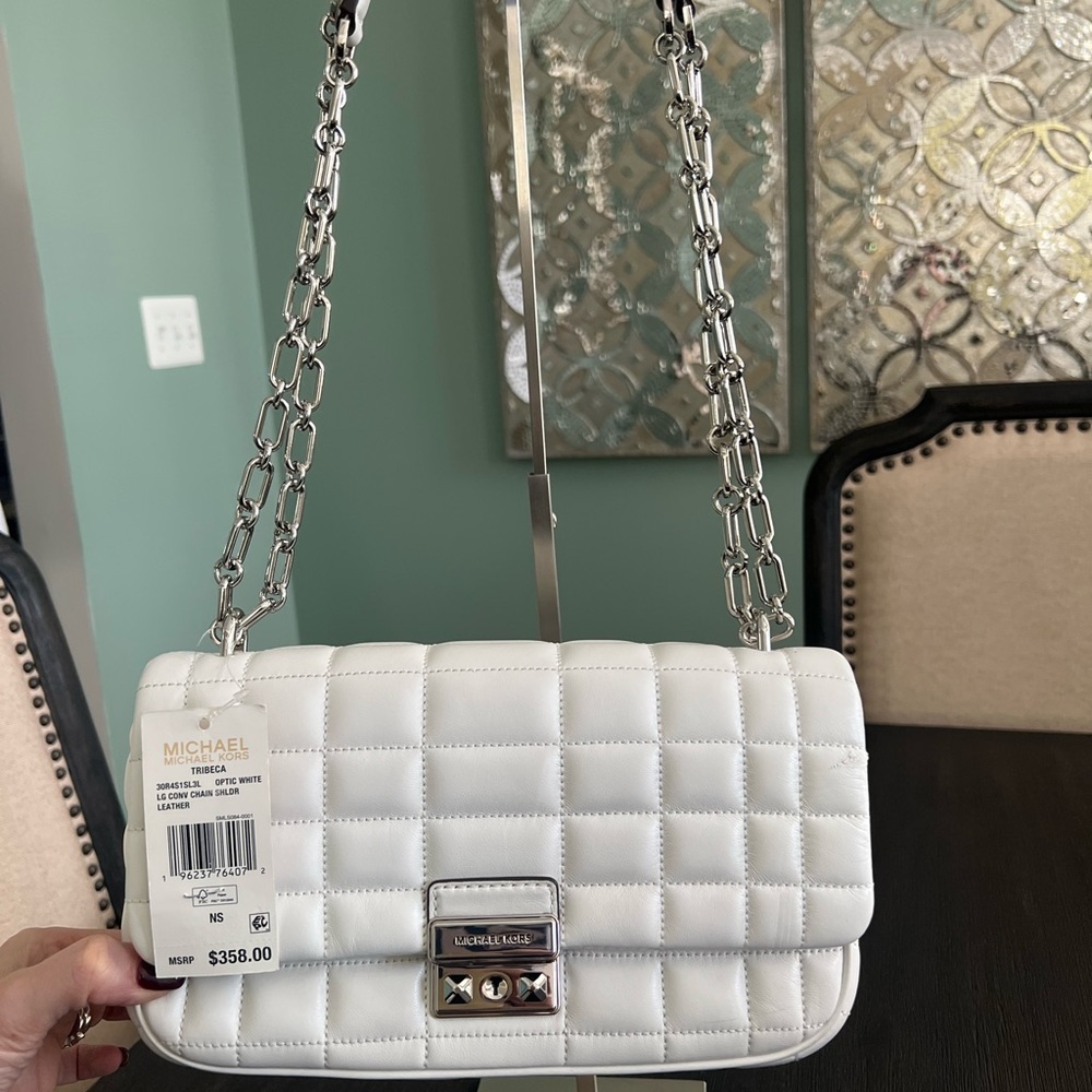 Michael Kors Tribeca Large Quilted Leather Shoulder Bag in Optic White - Picture 3 of 12